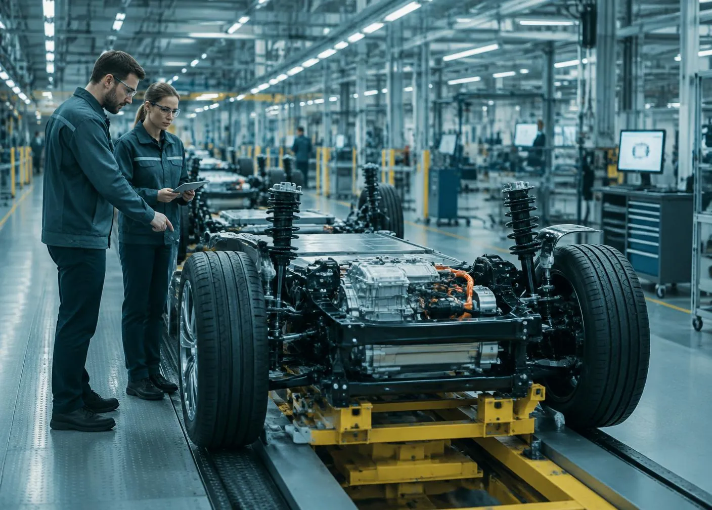 Engenheiros avaliando um chassi em linha de produção automotiva