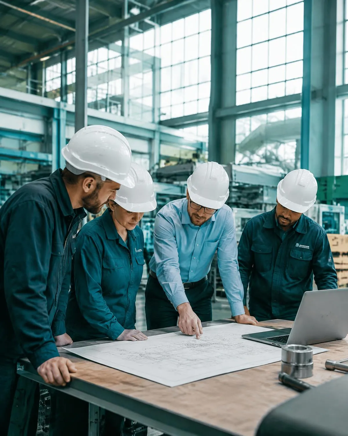 Equipe técnica analisando um projeto industrial