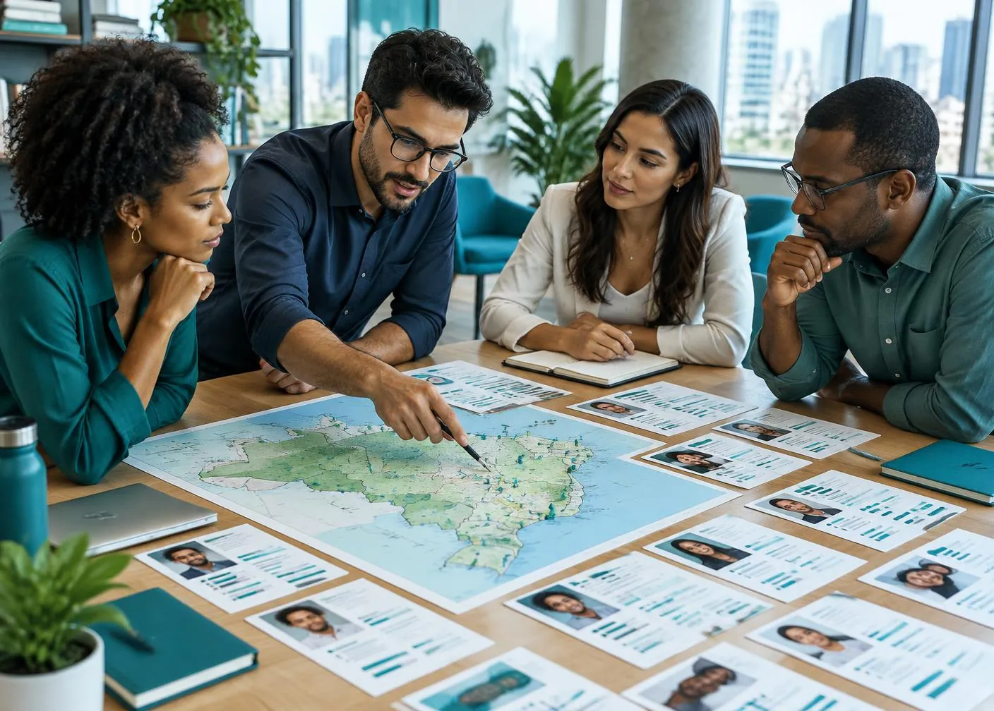 Equipe analisando mercados e competências técnicas